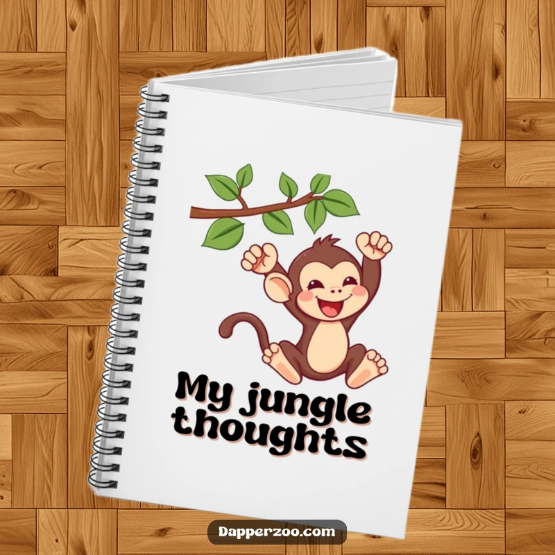 Funny kawaii monkey notebook with a cute monkey gleefully swinging from a vine, perfect for jotting down adventurous notes.