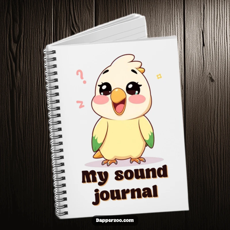 Funny Kawaii parrot character mimicking a silly sound on a notebook cover, inspiring vocal and humorous note-taking.
