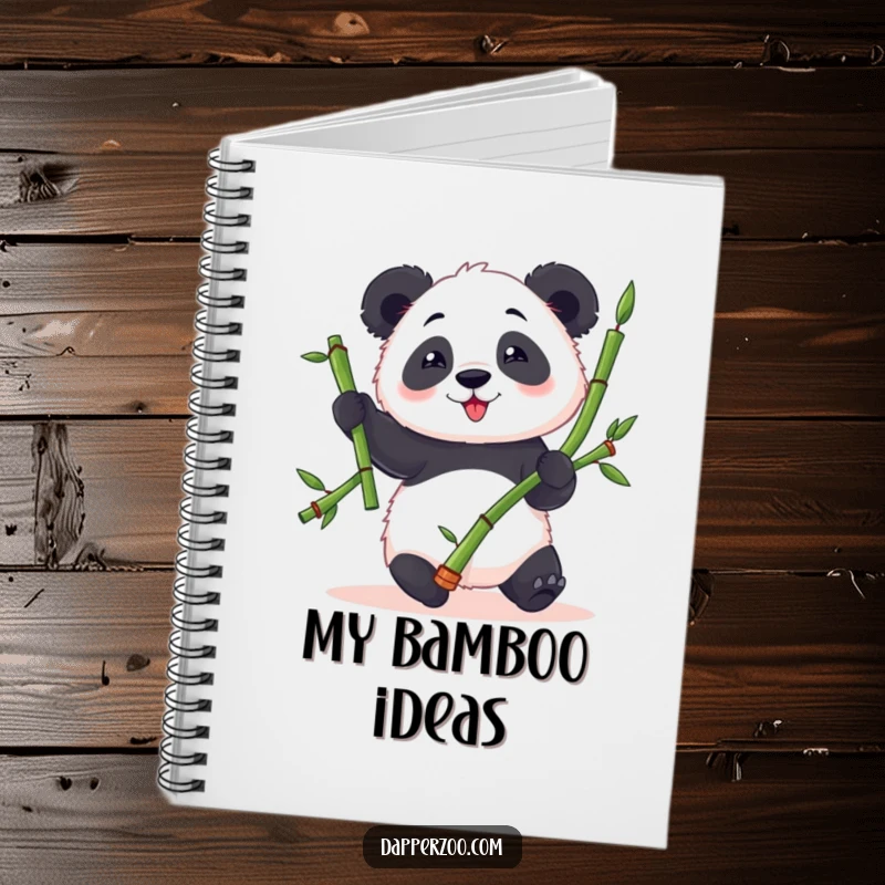 Funny panda notebook featuring a fluffy panda character trying to juggle bamboo stalks with clumsy delight, perfect for note-taking.