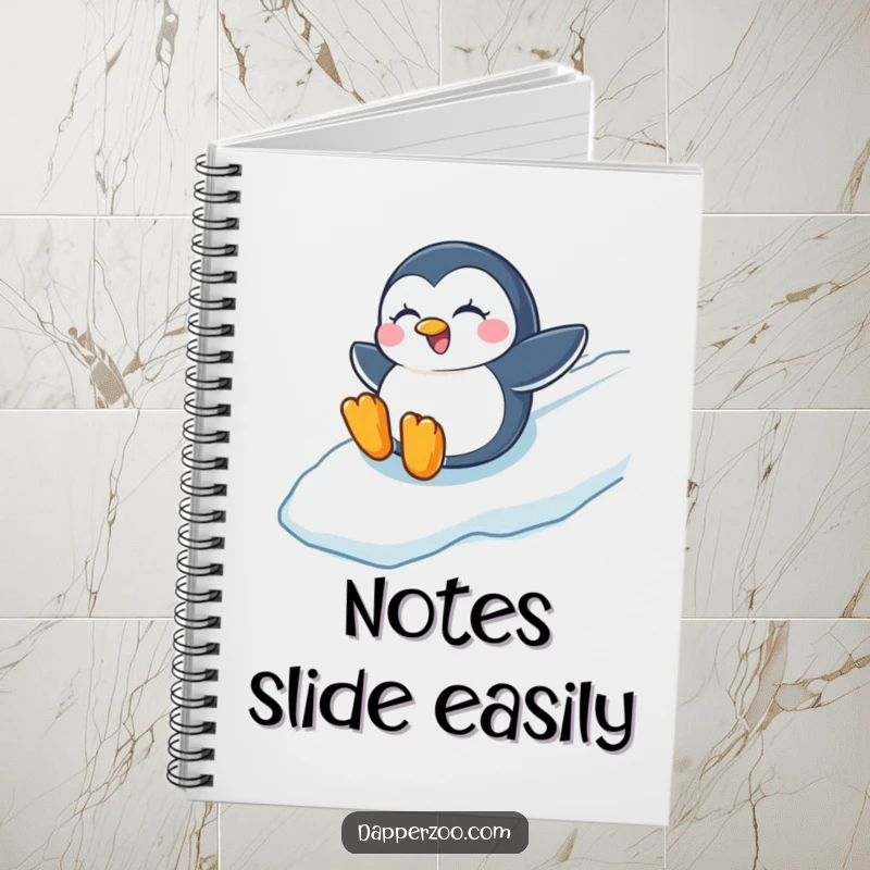 Funny notebook cover featuring a winking penguin gleefully sliding down an icy slope, inspiring winter fun and creativity.