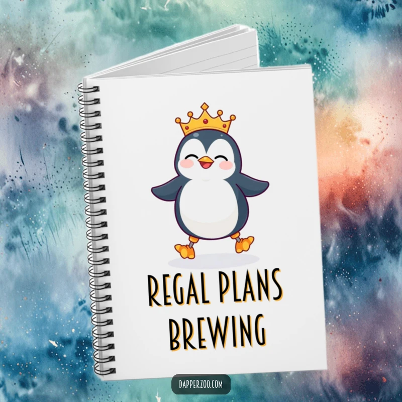Funny penguin character notebook, tiny ill-fitting crown, giggling and waddling on stilts, perfect for jotting down regal and humorous ideas.