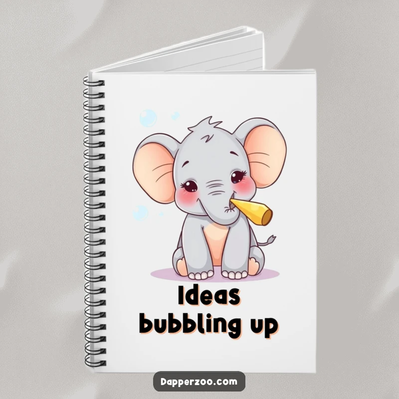 Funny notebook featuring a curious elephant calf blowing bubbles with delight using a tiny party blower, perfect for notes.