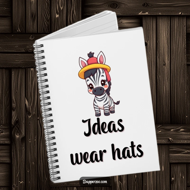 Funny notebook cover featuring a proud zebra comically trying on a brightly colored hat, inspiring creativity and style.