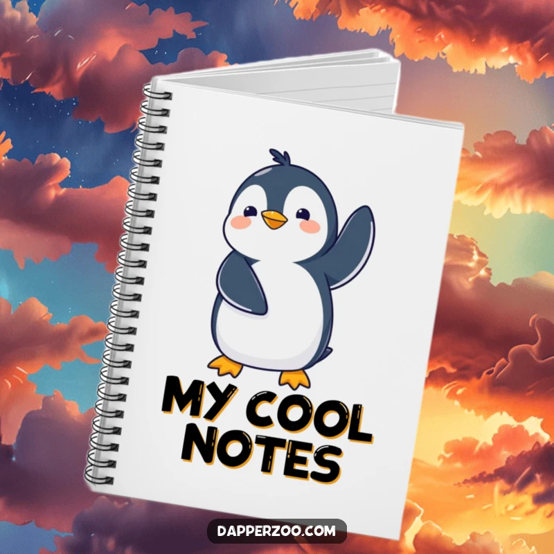 Funny kawaii penguin notebook with a cute penguin comically waddling with flippers in the air, perfect for jotting down comical notes.