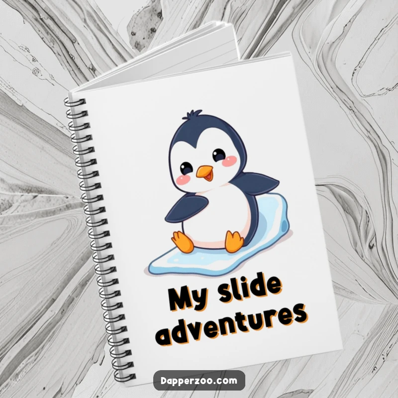 Funny penguin character excitedly sliding down an ice slide on its belly on a notebook, for jotting fun ideas.