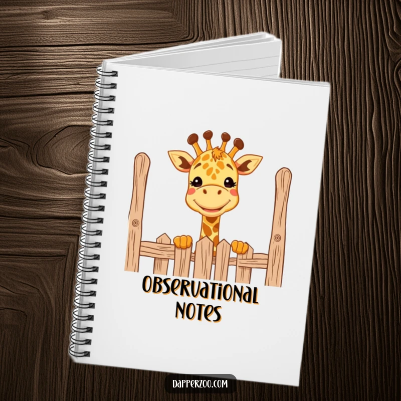Funny giraffe notebook with a wide grin, comically peeking over a tall fence, great for journaling.