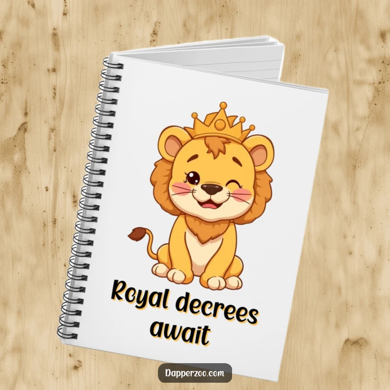 Funny notebook with a cheerful lion cub, puffed chest, and a silly kingly pose, perfect for jotting down ideas.