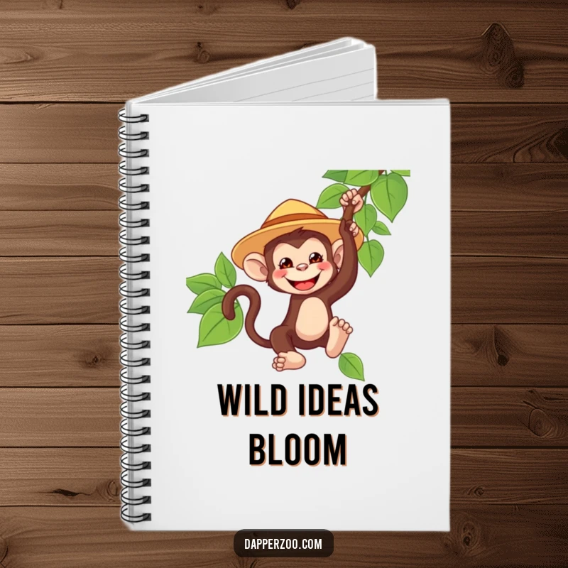 Funny monkey character notebook, tiny oversized safari hat, grinning and swinging from a vine, perfect for jotting down adventurous ideas.
