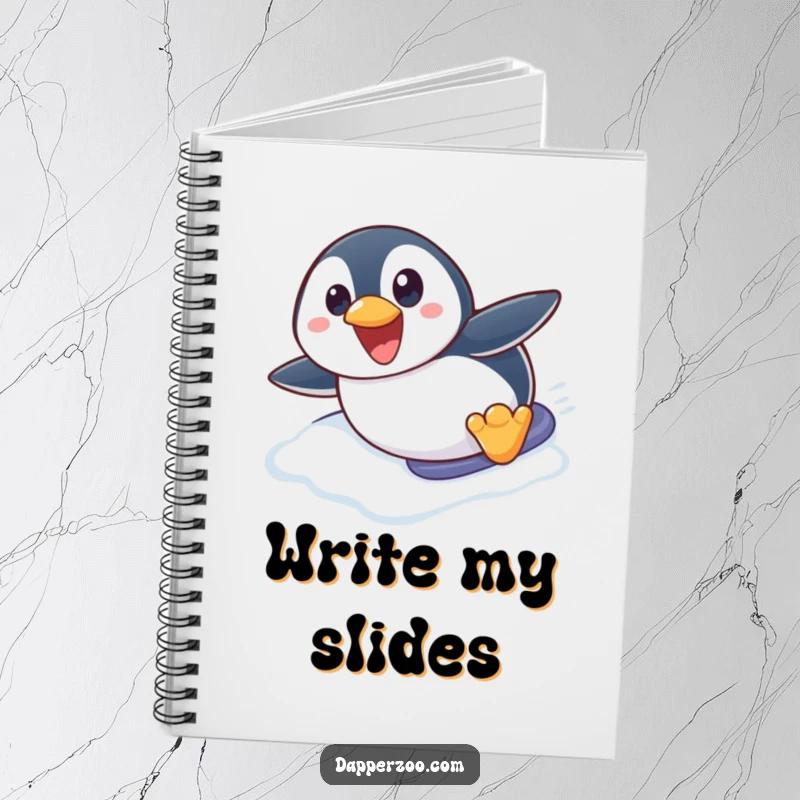 Funny penguin notebook featuring a cute penguin character with wide eyes, hilariously sliding belly-first down an icy slope for note-taking.