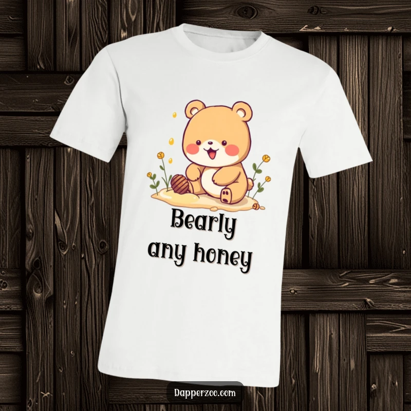 Funny Kawaii bear character enthusiastically digging for honey on a t-shirt, showcasing an obsession with cartoonish glee.