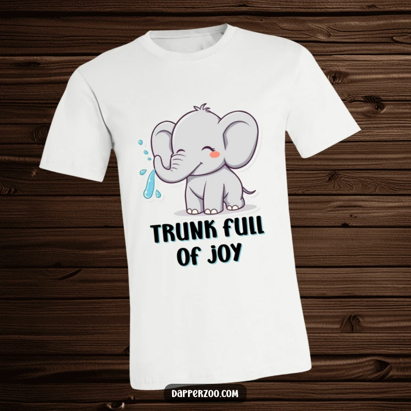 Funny cheerful elephant character spraying water from its trunk in a joyful arc, wearing a t-shirt.