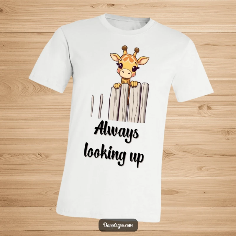 A curious giraffe peeks over a comically thin fence, captured on this funny t-shirt, highlighting inquisitiveness.