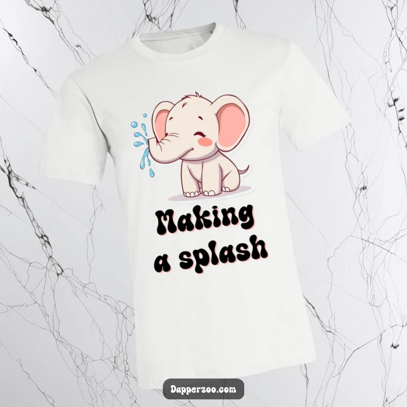 Funny kawaii elephant t-shirt featuring a cute elephant joyfully spraying water from its trunk, perfect for spreading cheer.