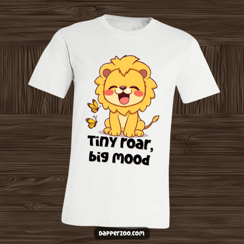 Funny kawaii lion t-shirt with a cute lion roaring playfully at a tiny butterfly, perfect for animal lovers seeking humor.