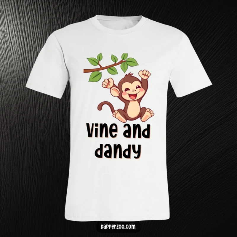 Funny kawaii monkey t-shirt featuring a cute monkey gleefully swinging from a vine, perfect for adventurers seeking humor.