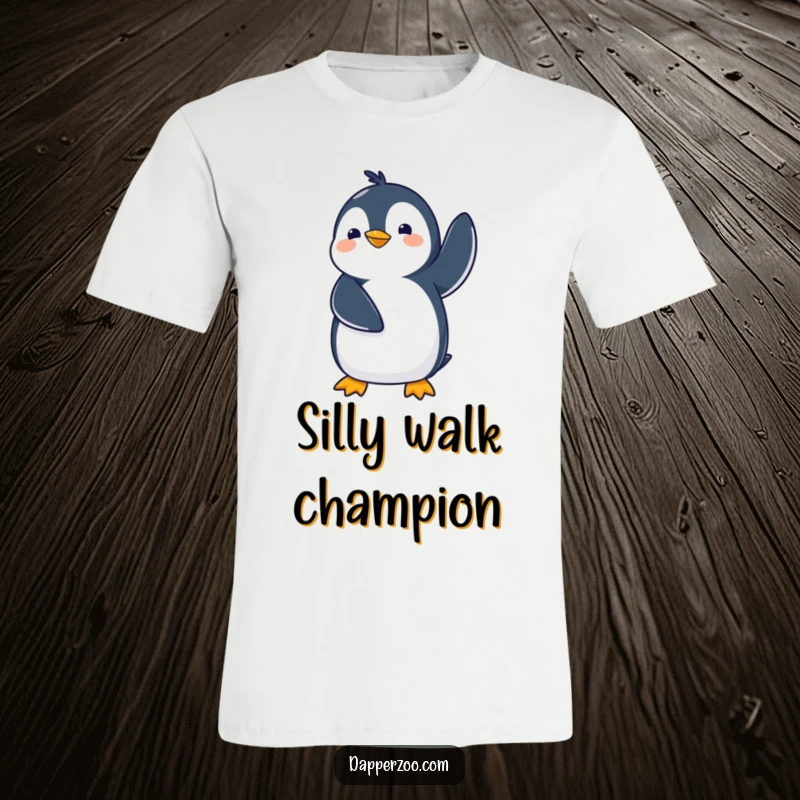 Funny kawaii penguin t-shirt featuring a cute penguin comically waddling with flippers in the air, perfect for humorous wear.