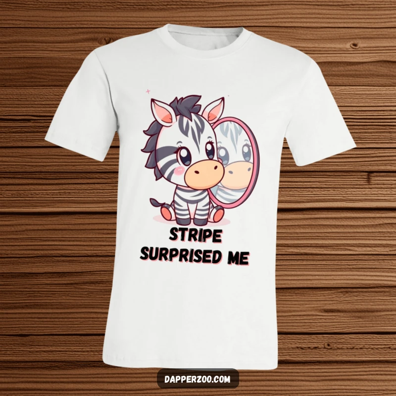 Funny Kawaii zebra character with a shocked expression staring at its reflection on a t-shirt, conveying cartoonish surprise and humor.