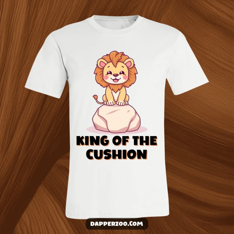 Funny happy lion character dramatically posing on a tiny plush rock with regal flair, wearing a t-shirt.