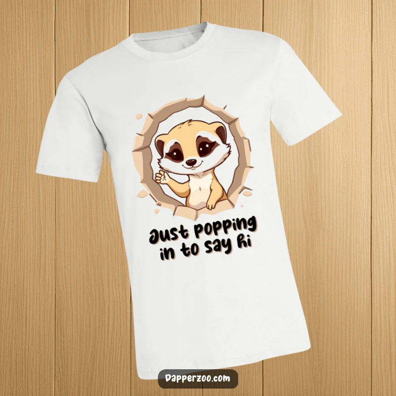 Funny meerkat t-shirt featuring a mischievous character emerging from a hole, winking and waving.