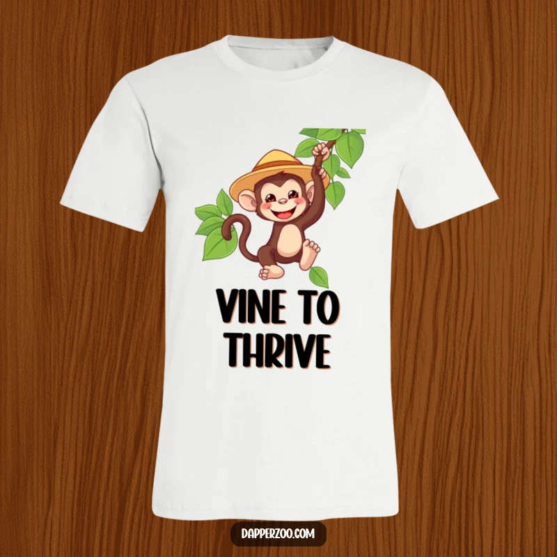 Funny monkey t-shirt, wearing a tiny oversized safari hat, grinning widely while swinging from a vine, a humorous jungle explorer.