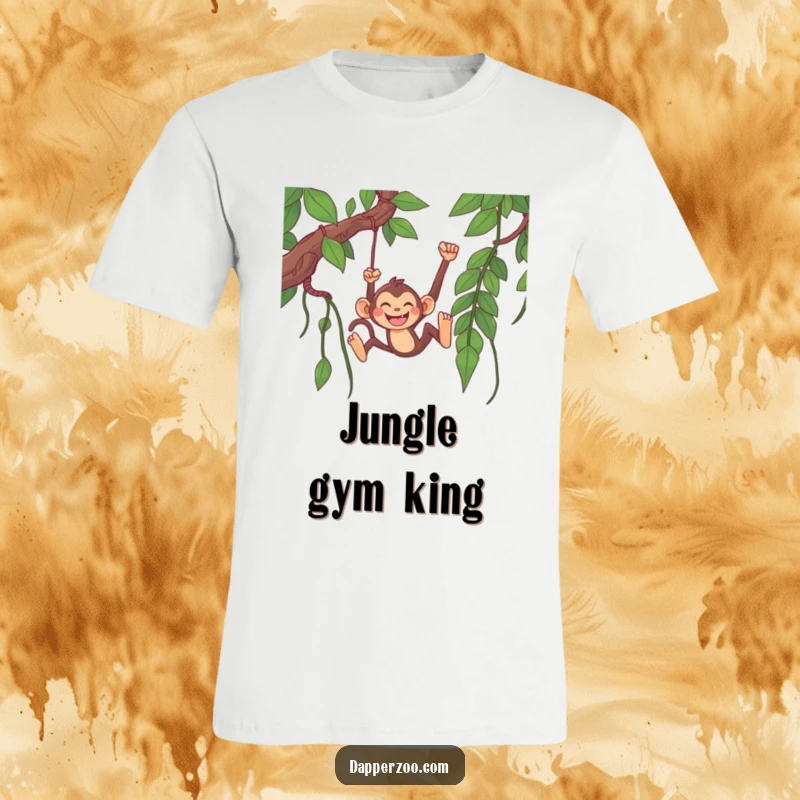 Funny monkey t-shirt depicting a happy monkey character gleefully swinging from a very long jungle vine, sporting a wide grin.