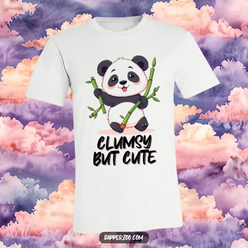 Funny panda t-shirt depicting a fluffy panda character trying to juggle three bamboo stalks with amusing clumsy delight.