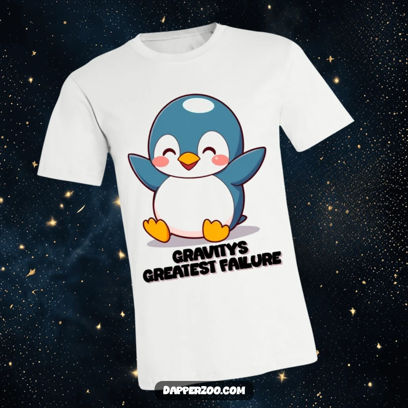 Funny penguin t-shirt depicting a comical bird with tiny wings flapping, attempting to fly with a hopeful, silly expression, excellent gift.