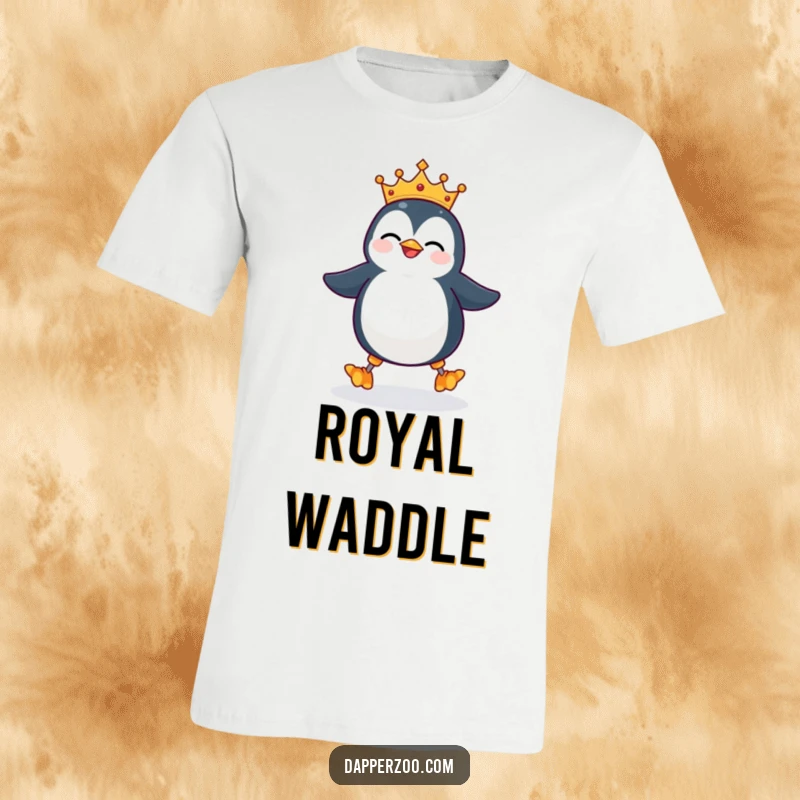Funny penguin t-shirt, wearing a tiny ill-fitting crown, giggling while attempting to waddle on stilts, a humorous regal character.