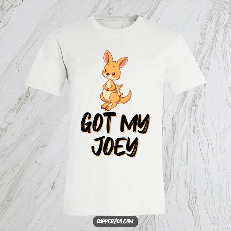Funny t-shirt with a curious kangaroo hopping, its pouch home to a cute, tiny joey, a symbol of family and adventure.