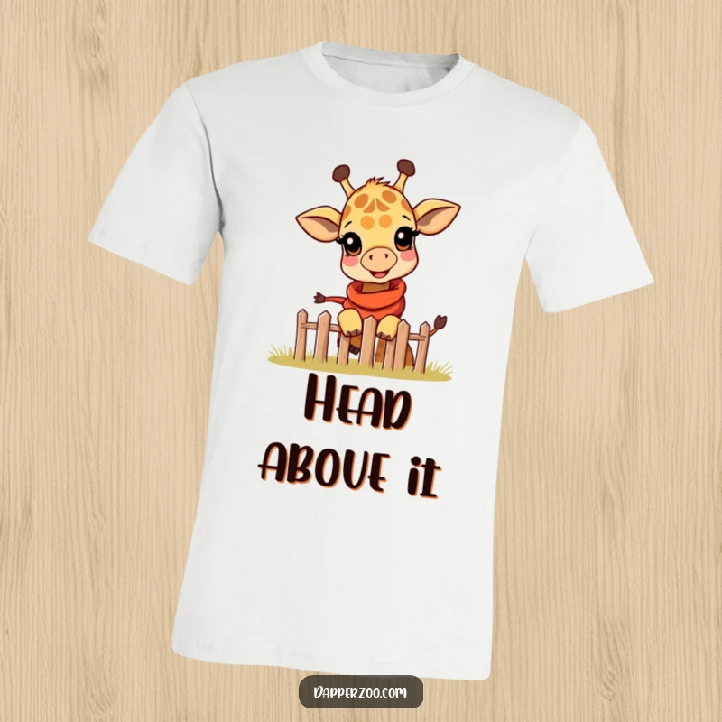 Funny T-shirt with a happy giraffe calf wearing a miniature scarf, playfully peeking over a tiny fence, expressing curiosity.