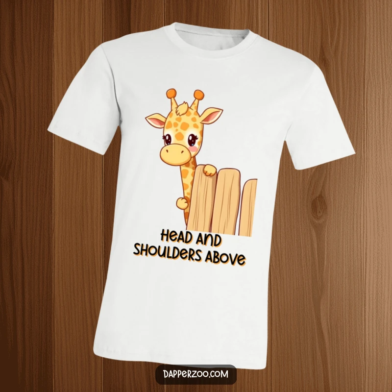Funny kawaii giraffe t-shirt featuring a cute giraffe curiously peeking over a tall fence, perfect for humorous and inquisitive wear.