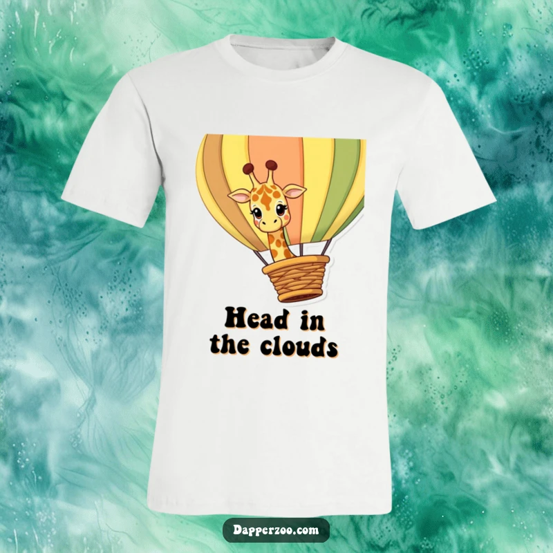 Funny giraffe t-shirt depicting a curious giraffe character peeking over a giant, colorful hot air balloon basket with intrigue.