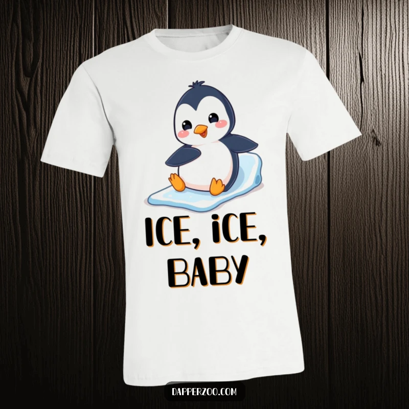 A playful penguin slides excitedly down an ice slide on its belly, depicted on this funny t-shirt.