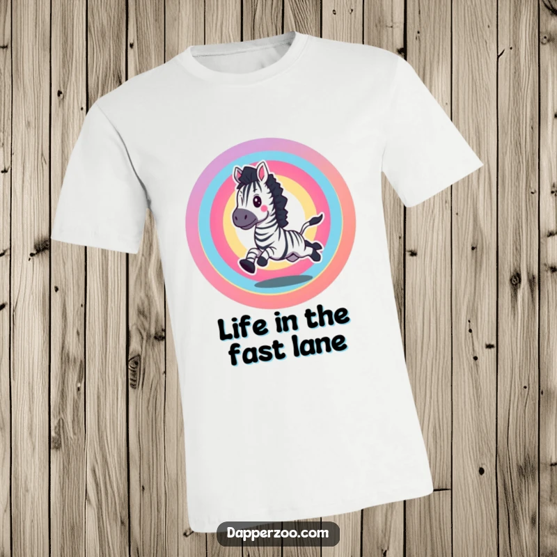 Funny t-shirt featuring an excited zebra galloping in a vibrant rainbow circle, ideal for a fun gift.