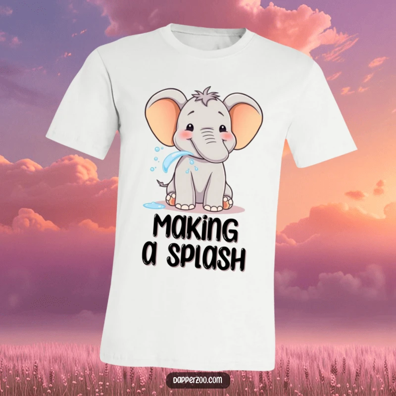 Funny elephant t-shirt of a smiling animal joyfully spraying water from its trunk, conveying pure happiness, excellent gift.
