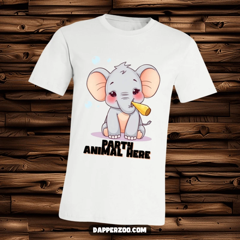 Funny T-shirt with a curious elephant calf character joyfully blowing bubbles with a tiny party blower, exuding happiness.