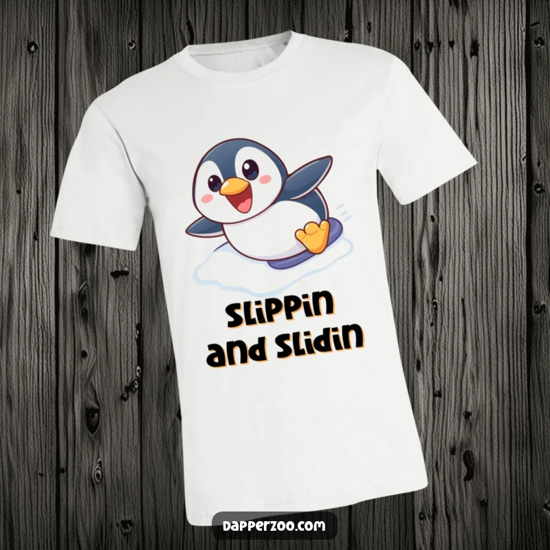 Funny penguin t-shirt depicting a cute penguin character gleefully sliding down an icy slope on its belly, eyes wide with excitement.