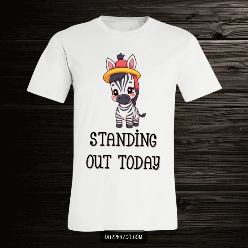 Funny t-shirt depicting a proud zebra comically trying on a vibrant, oversized hat, showcasing its playful fashion sense.