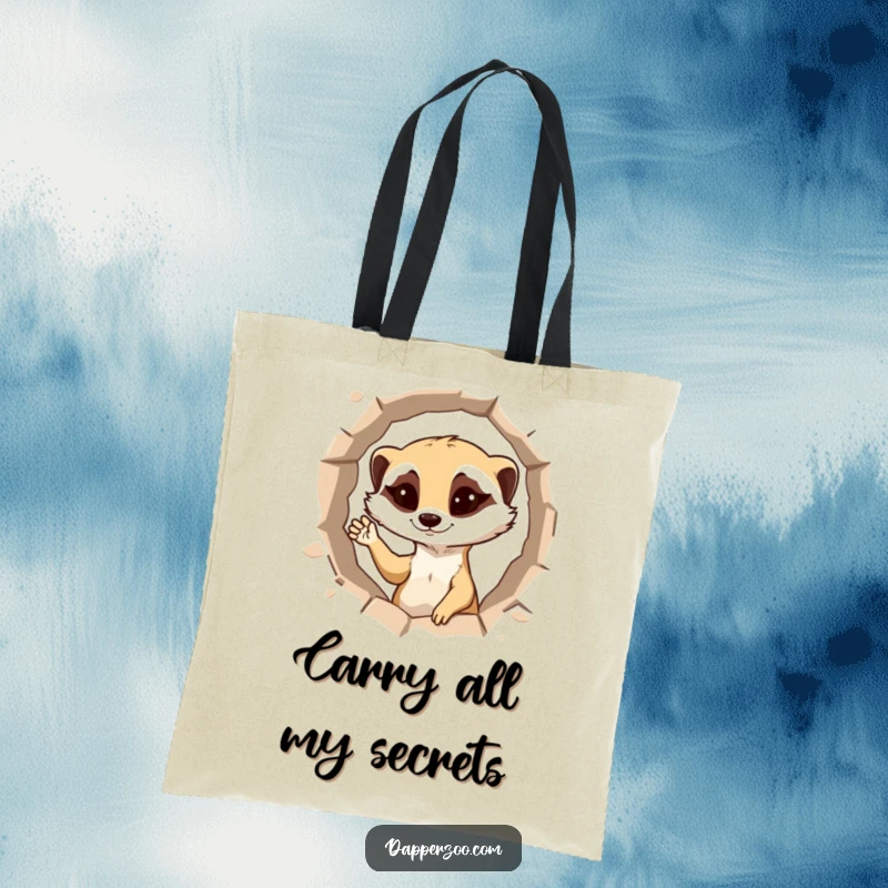 Funny meerkat tote bag showing a mischievous meerkat emerging from a hole, winking and waving.