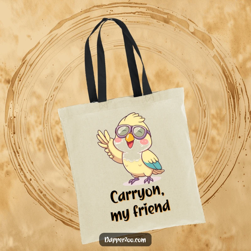 Funny aviator parrot tote bag, showcasing a joyful character in tiny goggles giving a friendly wave.