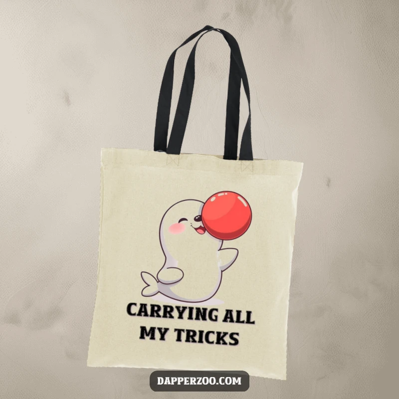 Funny tote bag depicting a happy seal character balancing a large red ball on its nose, a playful and eye-catching design.