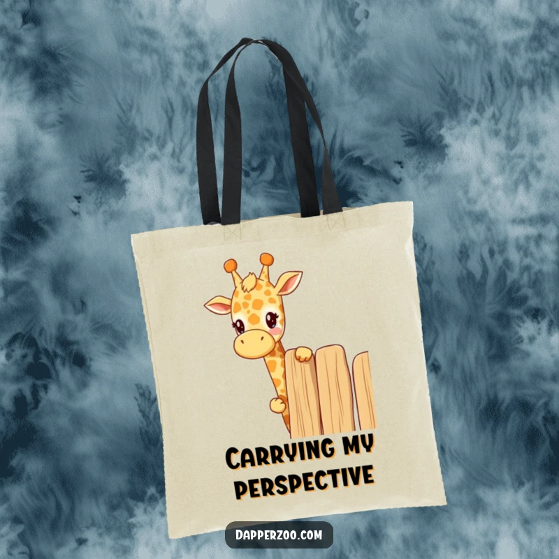 Funny kawaii giraffe tote bag with a cute giraffe curiously peeking over a tall fence, a humorous and practical accessory.