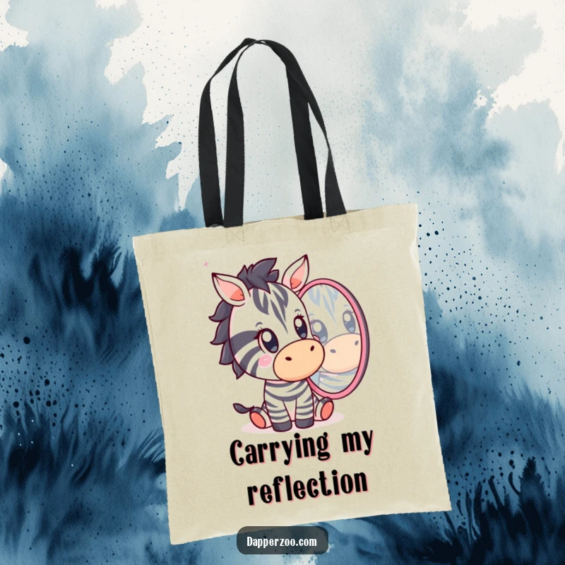 Funny Kawaii zebra character with wide, surprised eyes looking at its reflection on a sturdy tote bag, symbolizing humorous self-discovery.