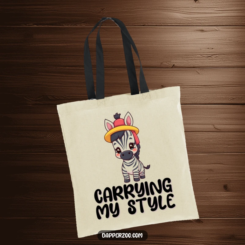 Funny tote bag with a proud zebra comically trying on a brightly colored hat, a stylish and humorous accessory.