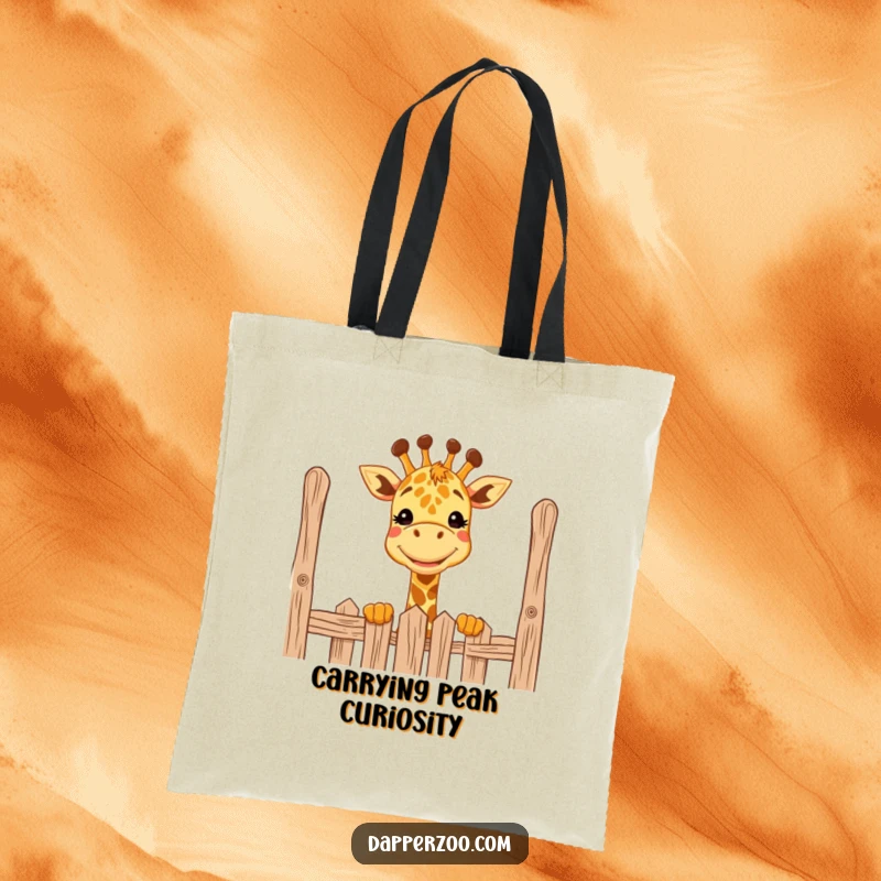Funny giraffe tote bag with a wide grin, comically peeking over a tall fence, great for shopping and travel.