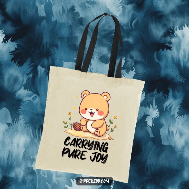 Funny Kawaii bear character digging for honey on a reusable tote bag, symbolizing a joyful pursuit and sweet desires.