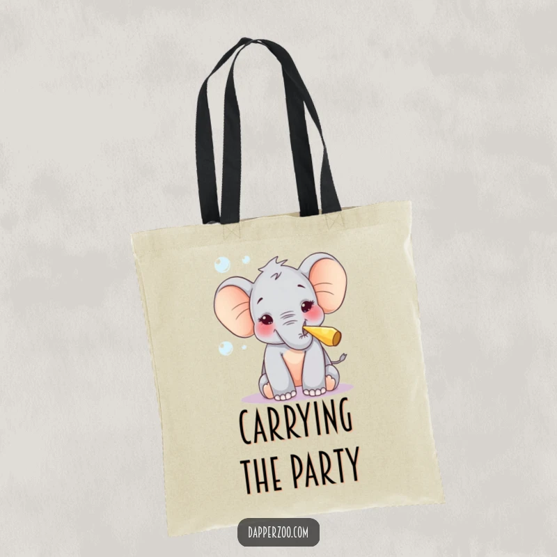 Funny tote bag featuring a curious elephant calf joyfully blowing bubbles with a tiny party blower, ideal for carrying joy.