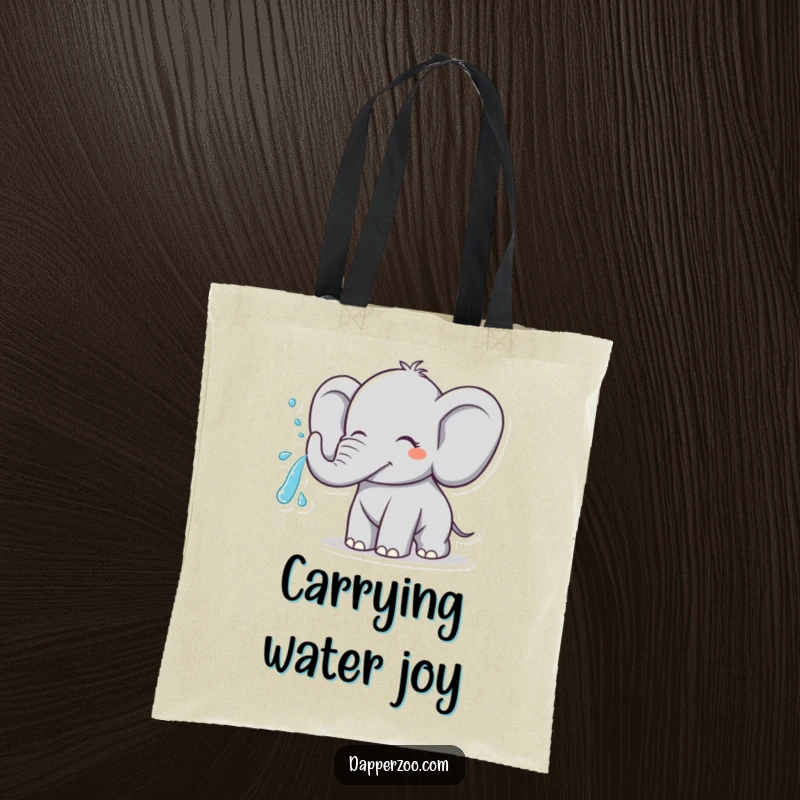 Funny elephant character spraying water from its trunk in a joyful arc, carried in a humorous tote bag.
