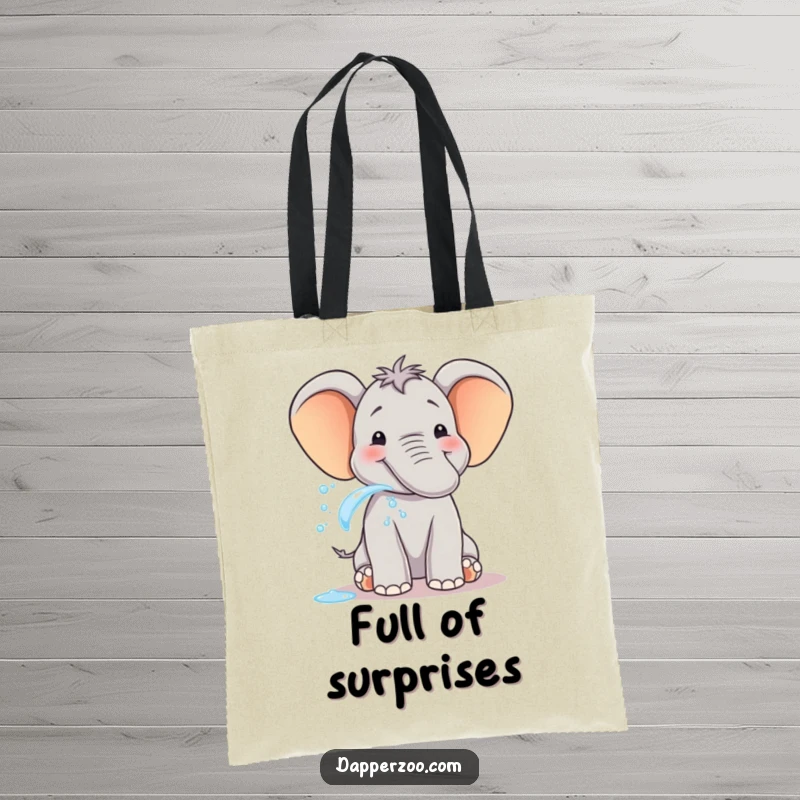 Funny elephant tote bag with a smiling animal joyfully spraying water from its trunk, great for shopping trips.