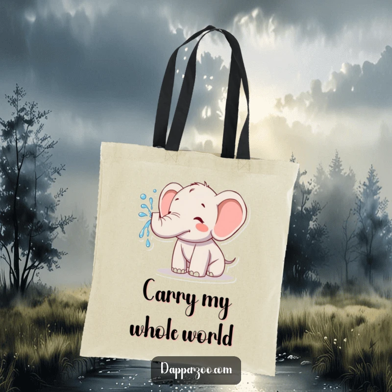 Funny kawaii elephant tote bag with a cute elephant joyfully spraying water from its trunk, a humorous and practical accessory.